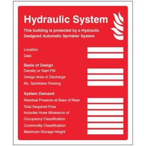 Hydraulic Sprinkler System ID Plate Sign Hydraulic Sprinkler System ID Plate Sign