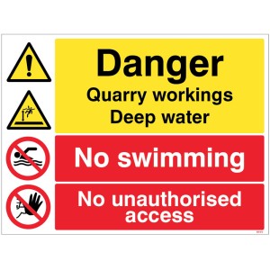 Danger - Quarry Workings - Deep Water - No Swimming - Keep out Danger - Quarry Workings - Deep Water - No Swimming - Keep out