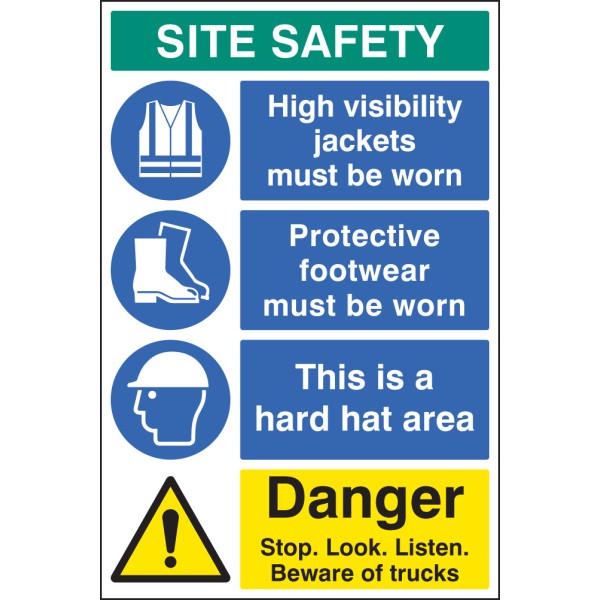 Hi Vis - Footwear - Hard Hat - Stop, Look, Listen - Multi-Message Site Safety Board Hi Vis - Footwear - Hard Hat - Stop, Look, Listen - Multi-Message Site Safety Board