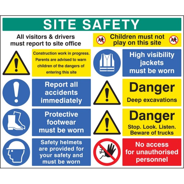 Report to Office - Construction Work - Report Accidents - Footwear - Helmets - No Children - Hi Vis - Excavations - Stop, Look, Listen - No Access Report to Office - Construction Work - Report Accidents - Footwear - Helmets - No Children - Hi Vis - Excavations - Stop, Look, Listen - No Access
