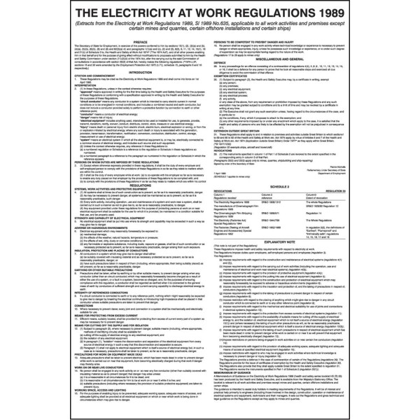 Electricity At Work Regulations 1989 - Poster Electricity At Work Regulations 1989 - Poster