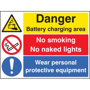 Danger - Battery Charging Area - Wear PPE - No Smoking - No Naked Lights Danger - Battery Charging Area - Wear PPE - No Smoking - No Naked Lights