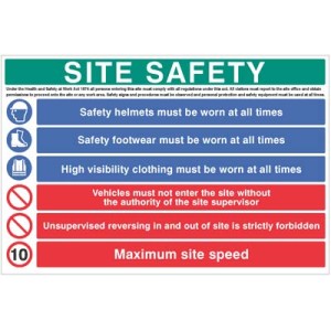 H&S Act - Helmet - Footwear - Hi Vis - No Access - No Unsupervised Reversing - 10mph - Multi-Message Site Safety Board H&S Act - Helmet - Footwear - Hi Vis - No Access - No Unsupervised Reversing - 10mph - Multi-Message Site Safety Board