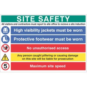 Site Safety - Report to Office - Hi Vis - Footwear - No Access - Liable for Prosecution - 5mph - Multi-Message Site Safety Board Site Safety - Report to Office - Hi Vis - Footwear - No Access - Liable for Prosecution - 5mph - Multi-Message Site Safety Board