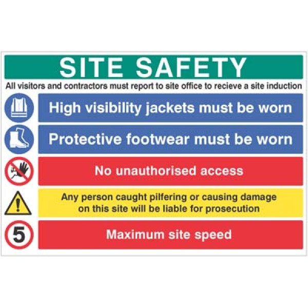 Site Safety - Report to Office - Hi Vis - Footwear - No Access - Liable for Prosecution - 5mph - Multi-Message Site Safety Board Site Safety - Report to Office - Hi Vis - Footwear - No Access - Liable for Prosecution - 5mph - Multi-Message Site Safety Board